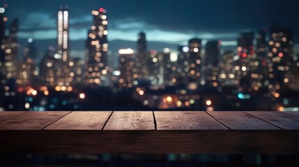 Canvas Print - Wooden Tabletop Against Blurred Night City Lights for Display or Restaurant Advertising Background