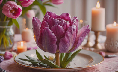 Poster - Purple flower is on a white plate. The flower is on a table with candles and other flowers