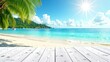 © Soul - beach with wooden floor, tropical sea beach background with white wood panel