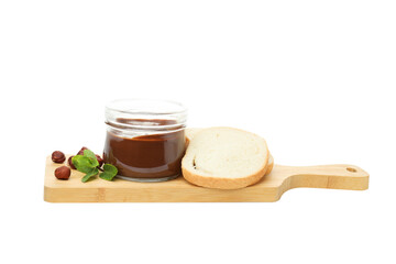 Wall Mural - PNG, Chocolate paste with bread on a wooden board, isolated on white background