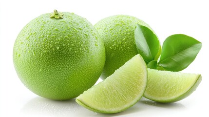 Sticker - Two juicy limes with slices and leaves on white background