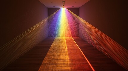 Rainbow light beams in dark room, wooden floor, art installation, hope