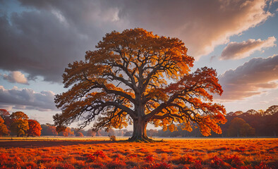 Poster - Large tree with orange leaves is in a field. The sky is cloudy and the sun is setting