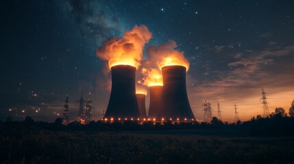 Wall Mural - Industrial power plant emission event urban area nighttime photography dramatic atmosphere aerial view environmental impact