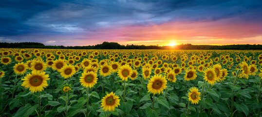 Wall Mural - Beautiful sunset over sunflowers field