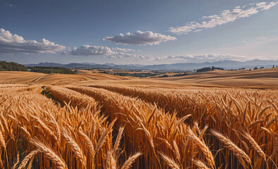 Poster - Field of golden wheat with a blue sky in the background. The sky is dotted with clouds