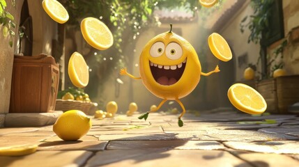 Wall Mural - Joyful cartoon lemon character joyfully jumping amidst lemon slices in a sun-drenched alley.