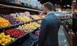 © Stella - A man in a suit examines a variety of fresh fruits in a grocery store.