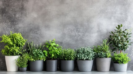 Wall Mural - A contemporary indoor garden setup with green plants in sleek pots on a neutral background, offering a stylish and tranquil space for gardening ideas with copy space.