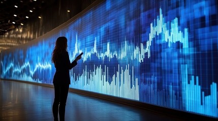 Wall Mural - woman analyzing financial data on a large digital screen
