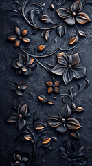 Wall Mural - The image features an intricate, dark gray and golden floral pattern on a textured surface, creating a luxurious and ornate appearance