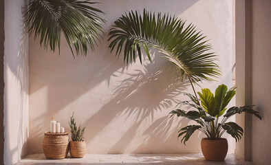Poster - White wall with a plant in a pot. The plant is a palm tree. There are three other plants in the room