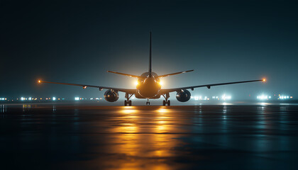 Wall Mural - A long exposure shot of an airplane taxiing at night.  Generative AI.