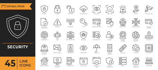 security icon set. containingsafety, insurance, data protection, encryption, locked, password, cyber