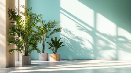 Wall Mural - Sunlight streams into a minimalist room, illuminating potted palm plants against a teal wall.