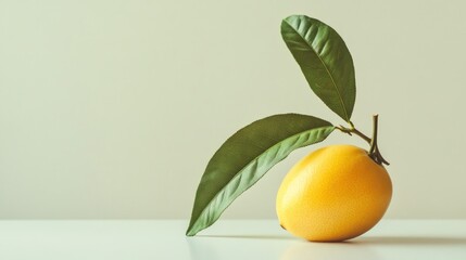 Wall Mural - Ripe yellow fruit with green leaves on white surface.