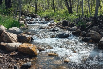 Wall Mural - rocky stream flows through lush forest. perfect for nature, tranquility, and serenity themes.