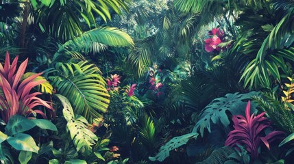 Poster - Lush tropical rainforest scene with vibrant green foliage, large palm leaves, and pink flowers.