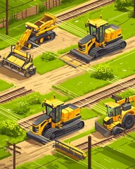 A digital illustration of construction machinery working on railway tracks in a green landscape.