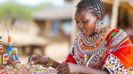 African Beadwork Artist: A young woman in traditional Maasai attire meticulously crafts intricate beaded patterns, showcasing the rich cultural heritage and artistry of East Africa.  