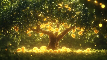 Wall Mural - Golden fruit tree laden with ripe, glowing fruit in a magical forest setting.