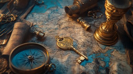 A vintage explorer's setup featuring a compass, key, map, and various antique tools.