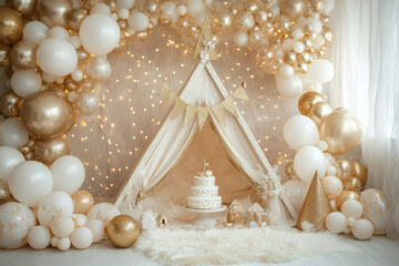 Wall Mural - A white tent with a cake and balloons in the background