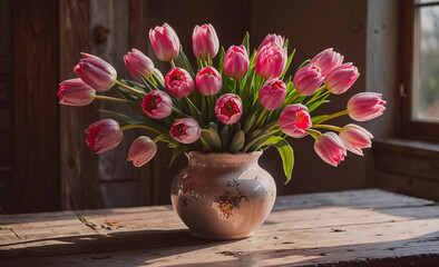 Poster - Vase of pink tulips sits on a wooden table. The vase is filled with flowers and is placed in the center of the table