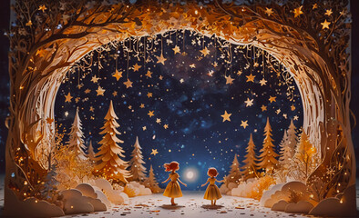 Poster - Two girls are standing in a forest with trees and stars. One of the girls is holding a lantern