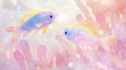 Wall Mural - Two pastel fish swimming amidst vibrant coral.