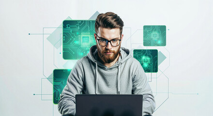 programmer with laptop on minimalistic tech background . Generative AI