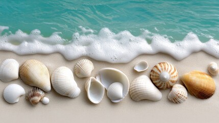 Wall Mural - shells on the beach with waves and water