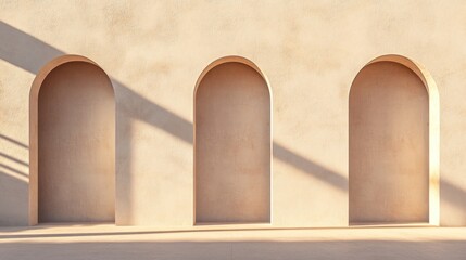 Wall Mural - Three arched niches in a beige wall, sunlight casts shadows.