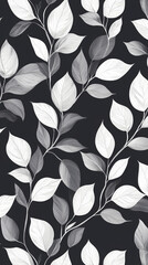Wall Mural - The image features a black and white botanical pattern with branches and leaves