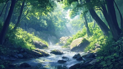 Sticker - Sunlit stream flows through lush green forest, rocks and foliage along the banks.