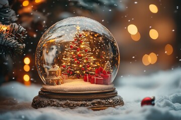 Wall Mural - Christmas tree snow globe with presents and lights outdoor in snow