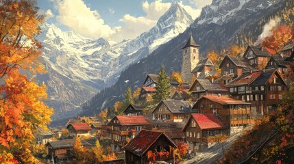 Poster - Picturesque autumn village nestled in majestic Alps, colorful foliage, charming houses, snow-capped peaks.