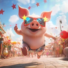 Poster - Happy pig in sunglasses running through a summer festival.