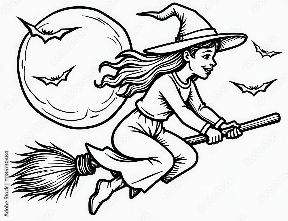 Coloring page of a witch flying on a broomstick with bats and a full ...