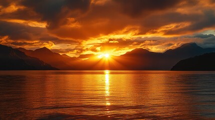 Wall Mural - fiery sunset over calm lake & mountains. perfect for travel, nature, or serenity themes.