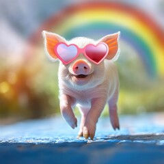 Canvas Print - Happy piglet wearing heart-shaped sunglasses runs towards a rainbow.