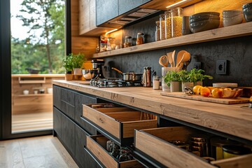 A kitchen with a wooden counter and black drawers