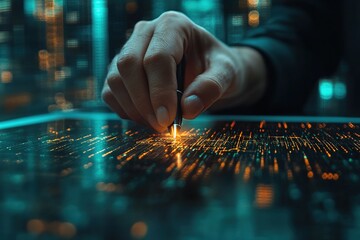 Hand touching digital screen, city night background, tech concept