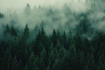 Wall Mural - Misty mountain forest aerial view, fog, trees, nature, landscape, background, website, design