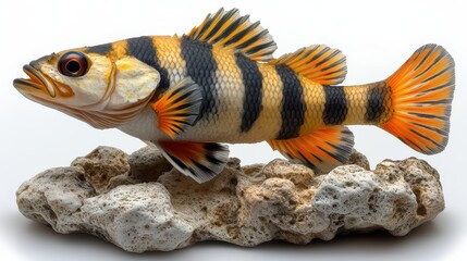 Wall Mural - Colorful striped fish on rock, isolated on white.