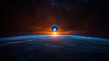 Wall Mural - A breathtaking view of a planetary sunrise with a luminous celestial body dominating the horizon.