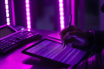 hacker coding tablet night purple lights cyber security