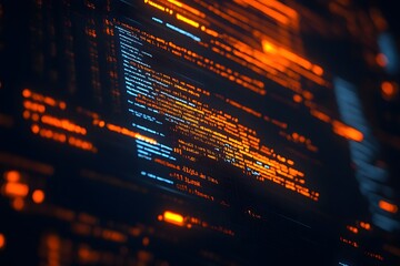 Cybernetic code scrolling, futuristic tech, dark background, digital screen, website design