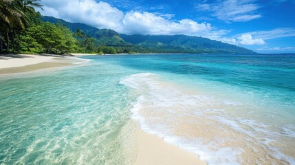 Wall Mural - Crystal-clear turquoise water laps a pristine white sand beach, lush green mountains in the background. Perfect for travel, vacation, or summer promotional materials.