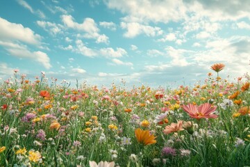 Wall Mural - a field of flowers with a blue sky in the background